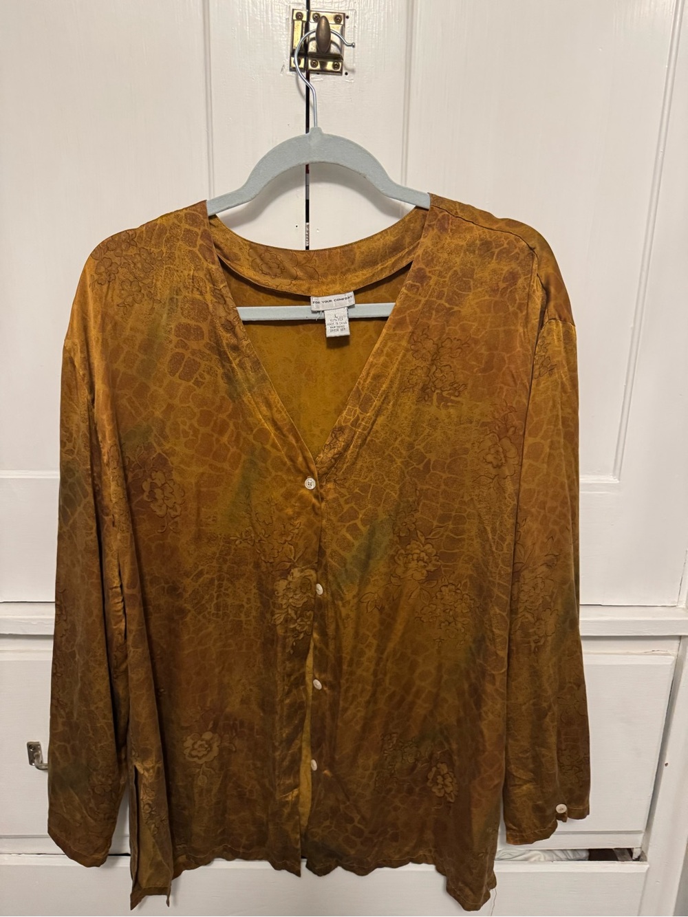 Women's Silk Rust Brown V-Neck Button Front Button Blouse